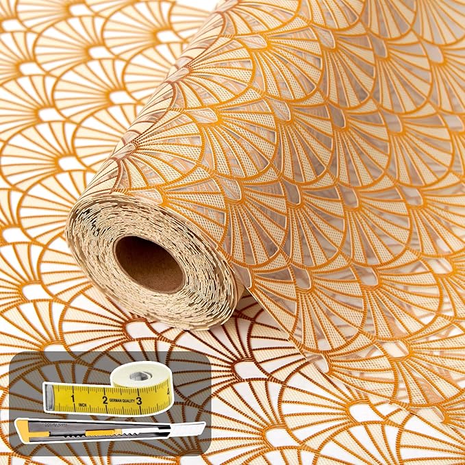 Drawer and Shelf Liner for Kitchen Cabinet: 17 in X 20 Ft Waterproof Shelf Paper Non Adhesive Refrigerator Liners Golden Ginkgo Leaf Easy Liners for Bathroom with Knife Tape Measure