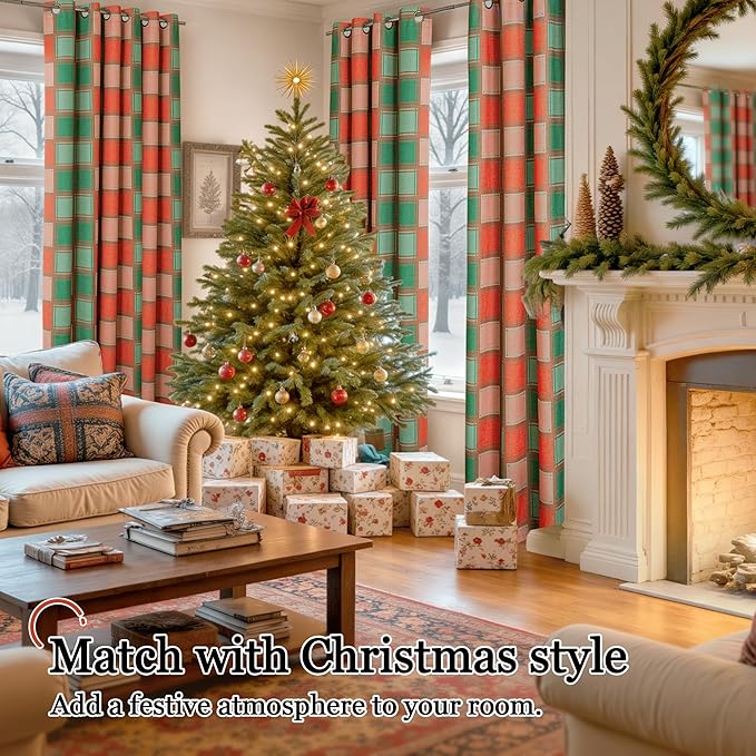 Christmas Curtains for Living Room 84 Inches Long - Plaid Patterned Linen Blackout Curtains, Gingham Printed Drapes for Bedroom Winter Decor Thermal Insulated 52x84 Inch 2 Panels, Red Green