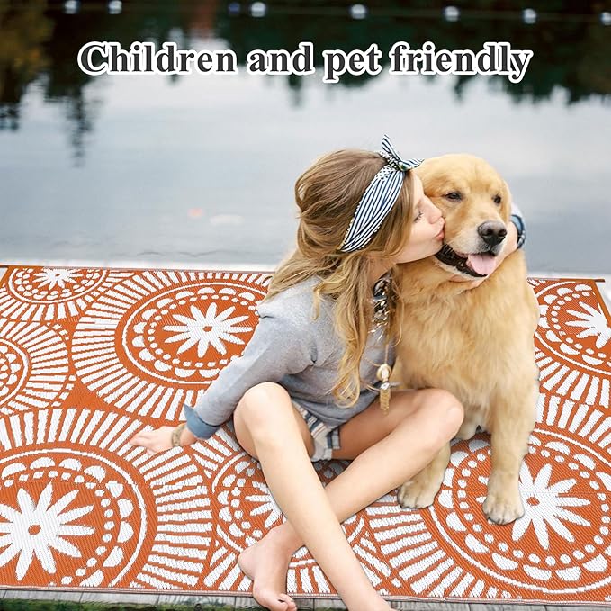 Ileading Outdoor Plastic Straw Rug 6x9ft Modern Geometric Style Reversible Patio Area Rugs Waterproof Non Shedding Portable Carpets for Rv Outside Deck Pool Beach Picnic Camping (Orange)