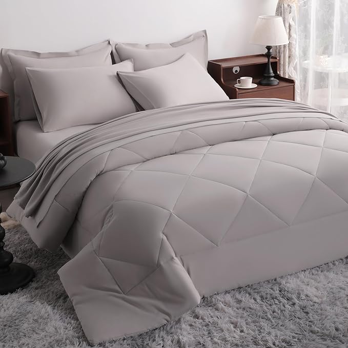 NTBAY King Comforter Set with Sheets, 7 Pieces Soft and Breathable King Bedding Set, Bed in a Bag, Down Alternative Comforter Set Solid Color All Season, Smoke Grey