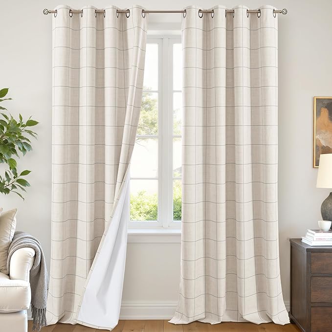 Grey Plaid Curtains Pattern Printed 90 Inches Long - Total Linen Blackout Curtains for Living Room, Boho Grommet Drapes for Farmhouse Cottage Thermal Drapery 52x90 Inch 2 Panels