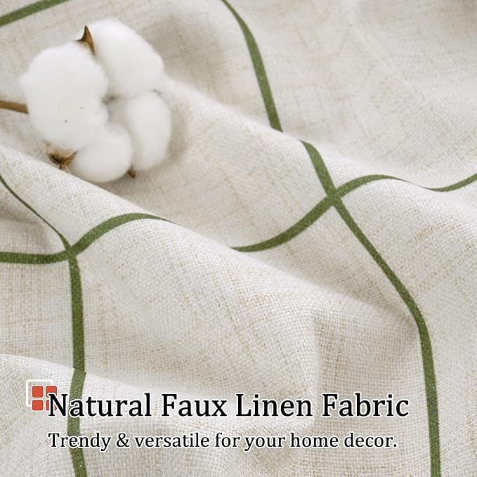 Linen Blackout Curtains for Living Room - Plaid Patterned Curtains 72 Inch Long, Boho Black Out Thermal Insulated Drapes for Bedroom Grommet Style 52x72 Inch 2 Panels, Dark Green