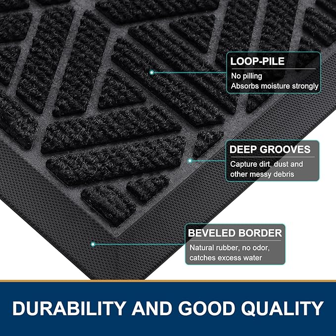 Smiry Front Door Mat Outside Entrance, Heavy Duty Sturdy Natural Rubber Doormat, Trap Dirt and Moisture, Easy Clean Low Profile Mats for Indoor Outdoor Entry, Grid Geometric (71x47, Black)
