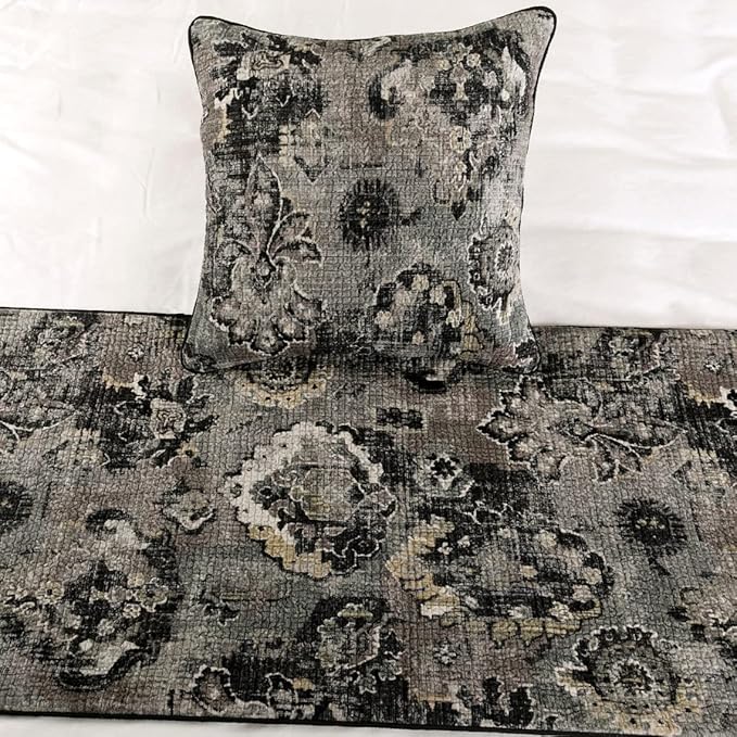 The HomeCentric Decorative Black & Grey Twin 53 x 18 inch Bed Runner Without Pillow Cover, Velvet Damask with Tassels Bed Scarf, Abstract Modern - Paved Damask