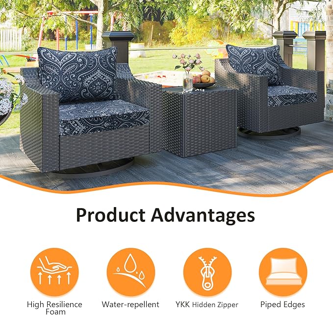 Outdoor Patio Chair Cushions Set, 22" x 22", Set of 2, Water-Repellent, Fade Resistant, Deep Seat Bottom and Back Cushion for Backyard, Couch, Sofa and Patio Furniture, Damask Blue Flower