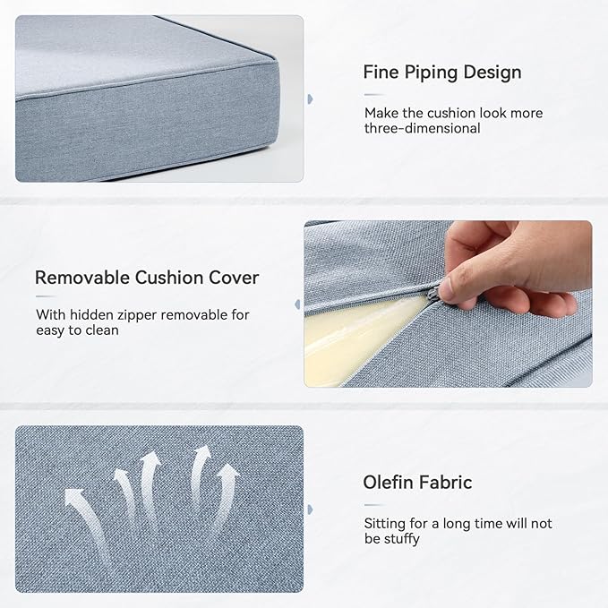 Luxury 6" Outdoor Cushions for Patio Furniture, 24x24x6" Thick Seat Cushion Set of 3, Fade Resistant Couch Chair Replacement Cushions High Density Wicker Chair Cushion w/ Removable Cover Baby Blue