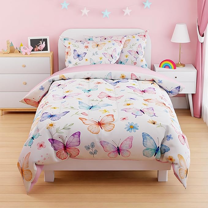 SANDJEST Butterfly Duvet Cover Sets Full Size for Kids Girls, Incude 1 Polyester Comforter Cover 80x90 Inches and 2 Pillowcases 20x26 Inches, Comforter Not Included, Gift for Christmas Birthday