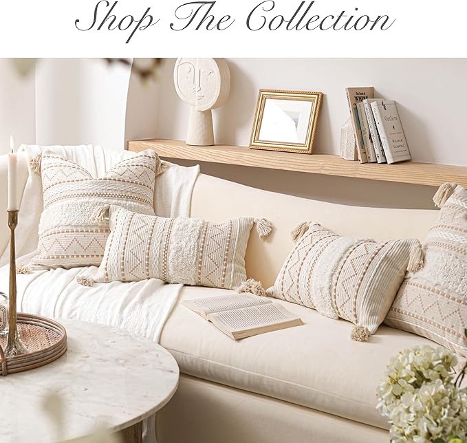 BlissBlush Decorative Lumbar Throw Pillow Cover 12x20 Combo Set of 2 Cream Neutral White Rectangular Boho Accent Pillowcase Farmhouse Cushion for Couch Sofa Bedroom Living Home Décor Cover ONLY