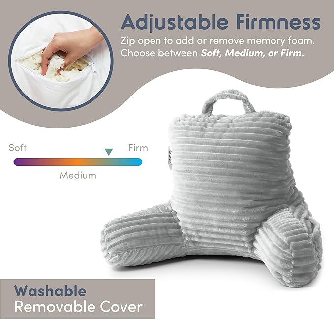 Nestl Reading Pillow for Kids & Teens with Shredded Memory Foam, Luxe Cut Plush Backrest Pillows for Reading and Gaming, For use on Couch, Bed, Floor, Adjustable Support with Washable Cover Light Grey