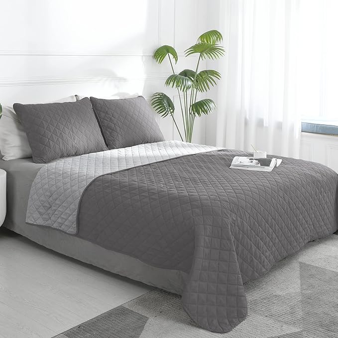 Easy-Going Twin Size Reversible Quilt Set with 1 Quilt and 1 Pillow Shams, Soft Bed Quilt Cover, Water Resistant Lightweight Microfiber Bedspread, Stain Resistant, Gray/Light Gray