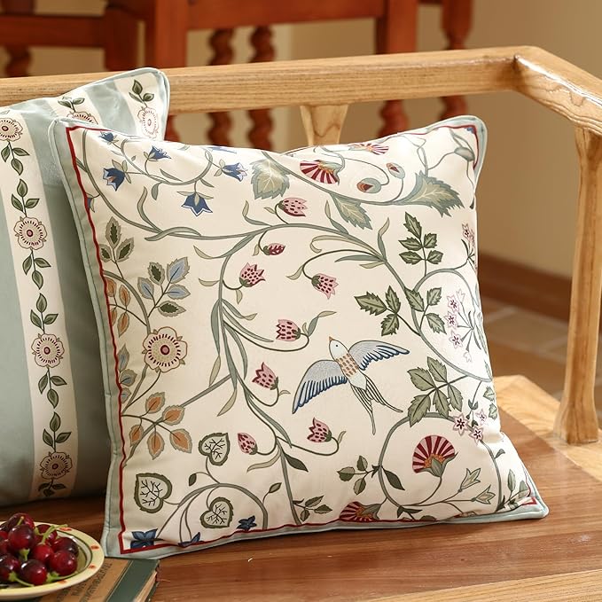 Square Throw Pillow Covers, Green Cozy Velvet Farmhouse with Birds and Flowers Pattern Pillowcases,Decoration Pillows Cushion Covers for Couch Sofa Bed Car Chair,18"x18"