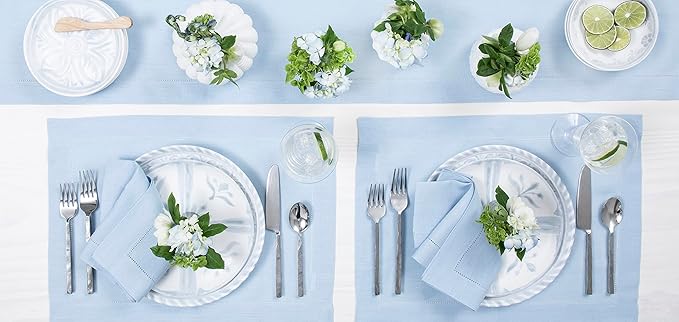 Solino Home Linen Sky Blue Table Runner 120 Inches Long - 100% Pure Linen Hemstitch 14 x 120 Inch Table Runner for Dining, Holiday, Christmas, New Year - Classic Hemstitch