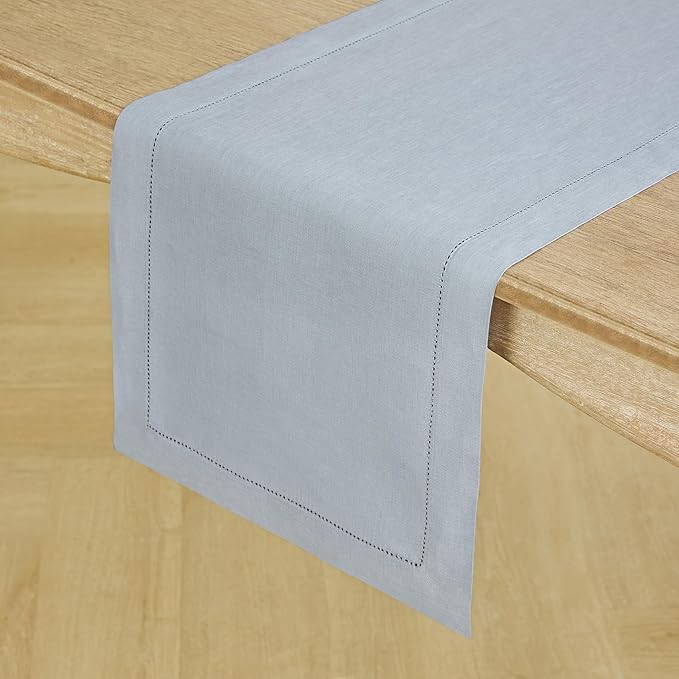Solino Home Linen Table Runner 120 Inches Long - 100% Pure Linen Dusty Blue Table Runner 14 x 120 Inch - Classic Hemstitch