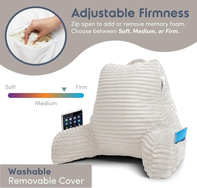 Nestl Reading Pillow with Shredded Memory Foam, Luxe Cut Plush Back Pillow for Sitting Up in Bed, Back and Arms Adjustable Support for Adult & Teens, Backrest Pillows with Washable Cover Linen