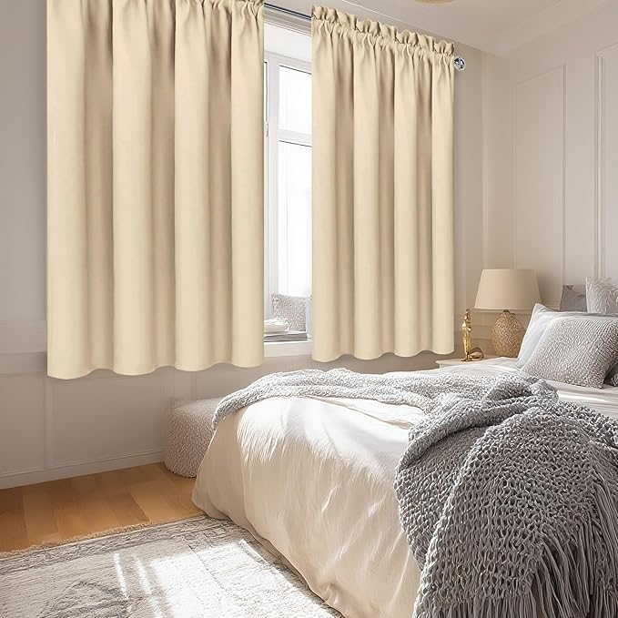 DWCN Beige Blackout Curtains for Bedroom – Rod Pocket Thermal Insulated Energy Saving Drapes for Living Room and Bedroom, W 42 x L 45 Inch, 2 Panels