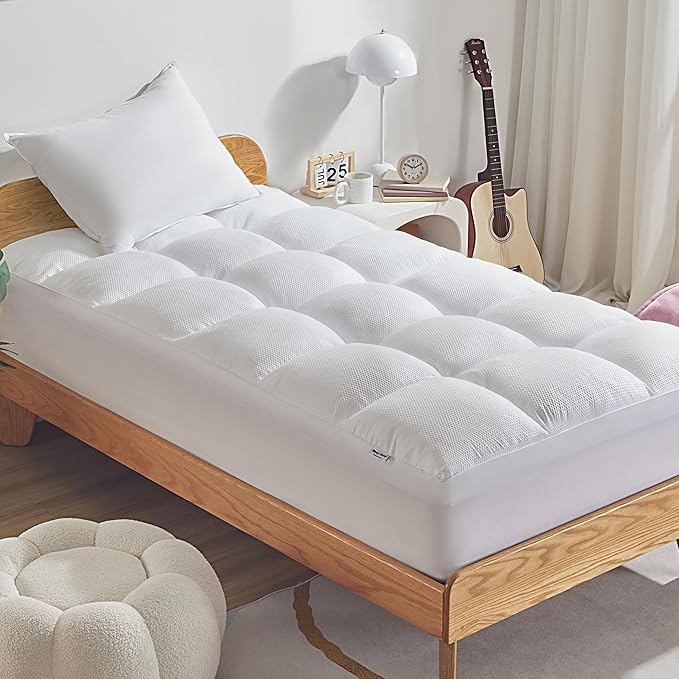 SLEEP ZONE Mattress Topper Twin Size, Extra Thick Fitted Mattress Pad for Back Pain, Plush and Support Mattress Cover, Deep Pockets Mattress Protector, Hotel Quality (White, Twin)