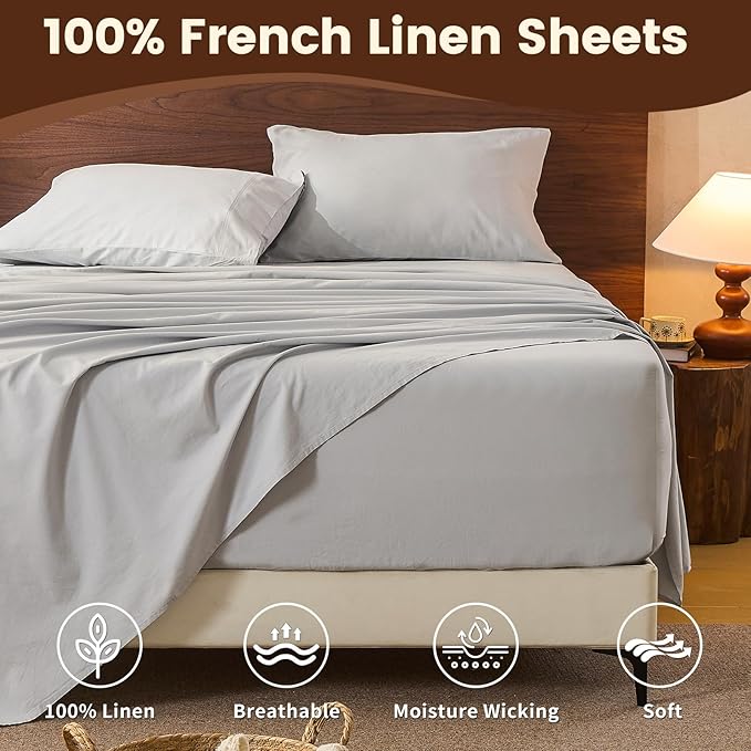 100% Linen Sheet Set Cal King Size Extra Deep Pocket Fits 18-24 Inch Mattress, Breathable & Soft, Smooth 4-Piece Set for Thick Mattresses Hotel Luxury Bedding（Cal King, Grey）