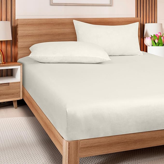 ROYALE LINENS 300 Thread Count 100% Long Staple Combed Cotton Fitted Sheet Full - Super Soft Deep Pocket Bottom Sheet - Fitted Sheets Only - Elastic Sheets (Full, Cream)