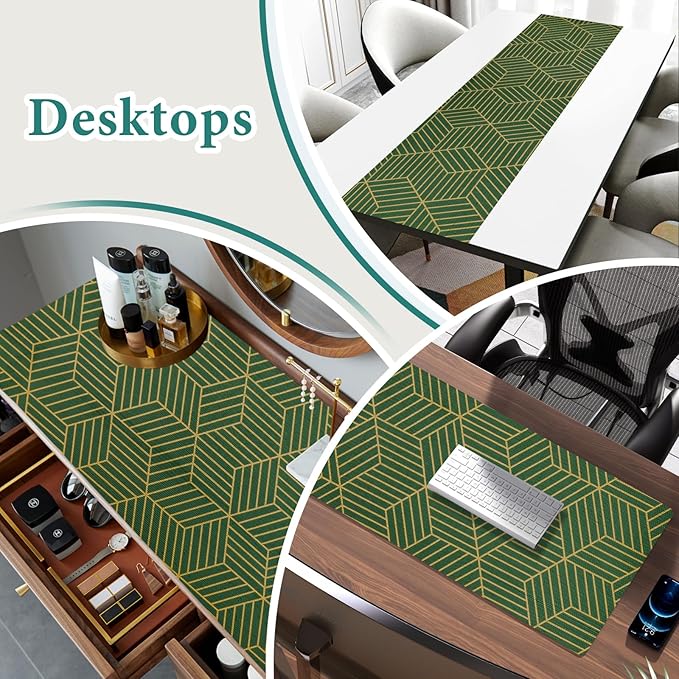 Shelf Liners for Kitchen Cabinets 17.5in x 20FT, Non Adhesive Cabinet Liner Strong Non-Slip Thickened Gold Green Geometric Drawer Liner, Easy to Clean for Shelf, Cabinet with Knife and Tape Measure