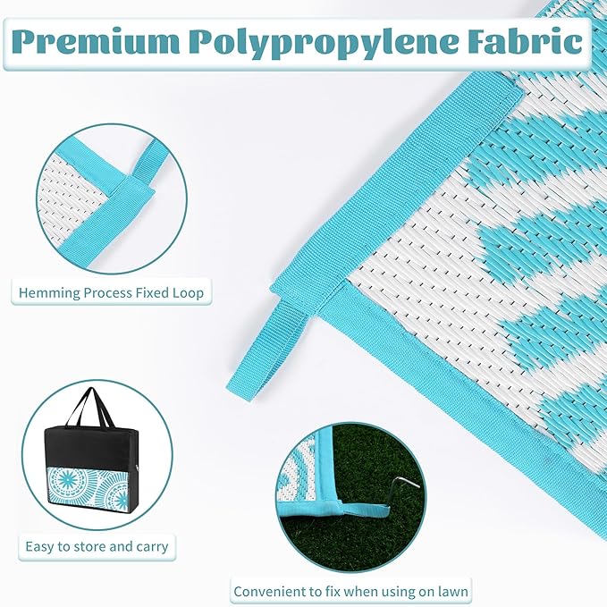 Ileading Large Plastic Outdoor Rug 9x12ft Modern Geometric Style Reversible Patio Area Rugs Waterproof Non Shedding Portable Carpets for Rv Outside Deck Pool Beach Picnic Camping (Teal)