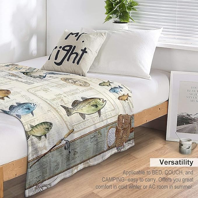 Fishing Blanket Gifts for Men and Kids - Soft Warm Cozy Fleece Throw for Adults - Fish Theme Couch Sofa Bed Cover 40"x50"