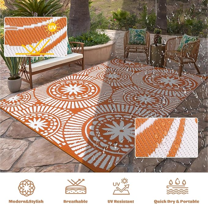 Ileading Large Plastic Outdoor Rug 8x10ft Modern Geometric Style Reversible Patio Area Rugs Waterproof Non Shedding Portable Carpets for Rv Outside Deck Pool Beach Picnic Camping (Orange)