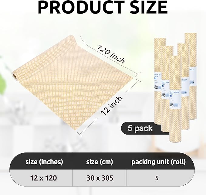 RAY STAR 12X120 Inch Shelf Liner for Kitchen Cabinets, Non-Adhesive Cabinet Liner Washable, PVC Drawer Liner for Dresser Non-Slip Bathroom (Yellow Circle)(5 Roll)