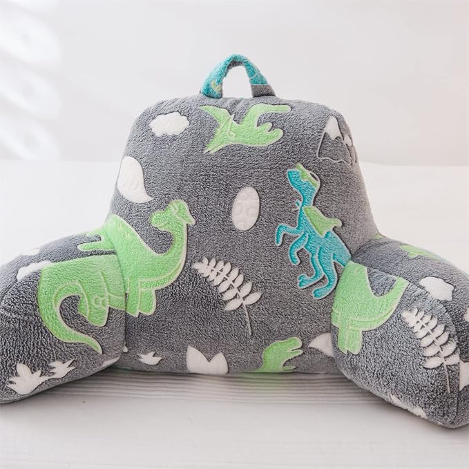 Meeting Story Glow in The Dark Green Dinosaur Luminous Reading Pillows Sparkling with Arms Back Pillow for Bed, Bed Rest Pillow for Adults Teens, Kids, (Blue-Green)
