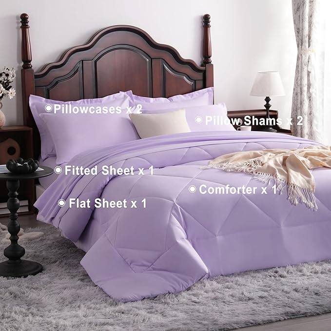 NTBAY Queen Comforter Set with Sheets, 7 Pieces Soft and Breathable Queen Bedding Set, Bed in a Bag, Down Alternative Comforter Set Solid Color All Season, Queen Bedding Set, Light Purple