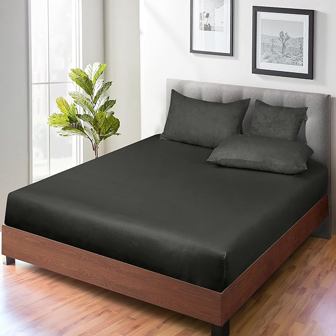 ROYALE LINENS 300 Thread Count 100% Long Staple Combed Cotton Fitted Sheet California King - Super Soft Deep Pocket Bottom Sheet - Fitted Sheets Only - Elastic Sheets (Cal King, Black)