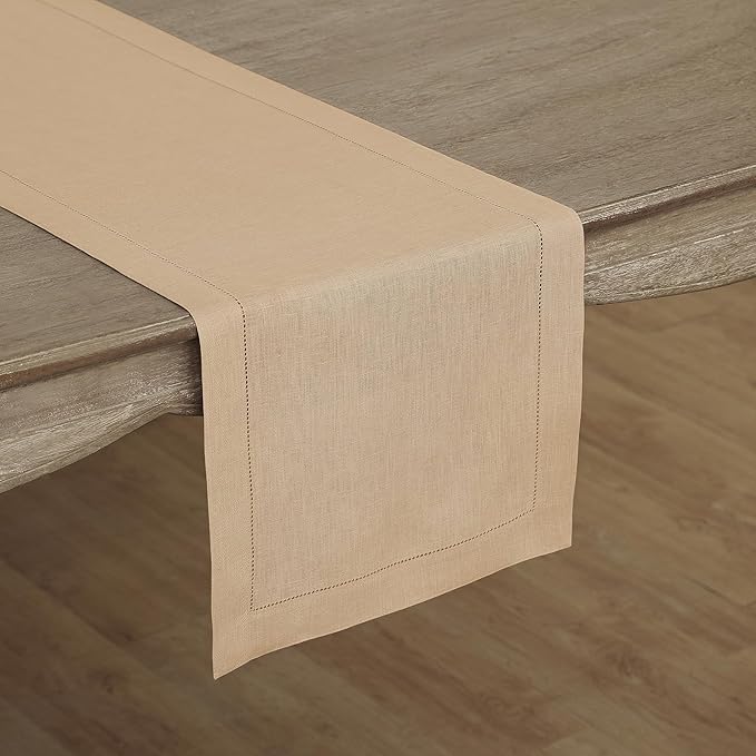 Solino Home Linen Hemstitch Table Runner 60 Inches - 100% Pure Linen Beige Table Runner 14 x 60 Inch Ideal for Dresser and Coffee Tables - Christmas, New Year - Classic Hemstitch