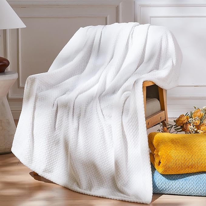 NEWCOSPLAY Super Soft Queen Blanket White Premium Silky Flannel Fleece Leaves Pattern Lightweight Bed Blanket All Season Use (White, Queen(90"x90"))