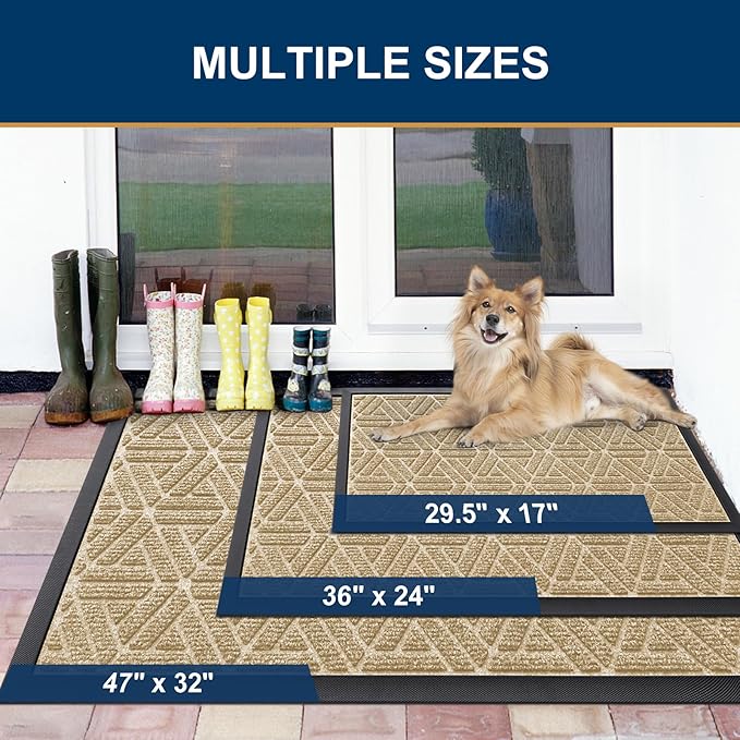 Smiry Front Door Mat Outside Entrance, Heavy Duty Sturdy Natural Rubber Doormat, Trap Dirt and Moisture, Easy Clean Low Profile Mats for Indoor Outdoor Entry, Grid Geometric (71x24, Beige)