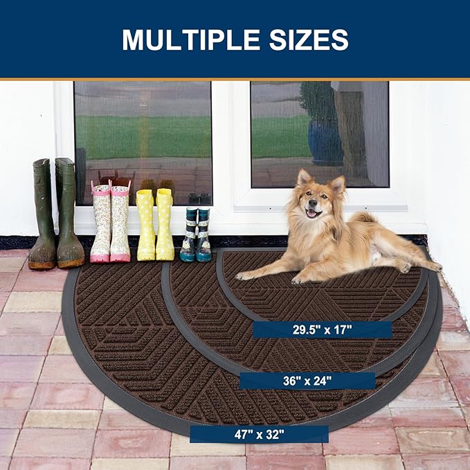 Smiry Half Circle Front Door Mat Outside Entrance, Heavy Duty Sturdy Natural Rubber Doormat, Trap Dirt and Moisture, Low Profile Mats for Indoor Outdoor Entry, Irregular Triangle (29.5x17, Dark Brown)