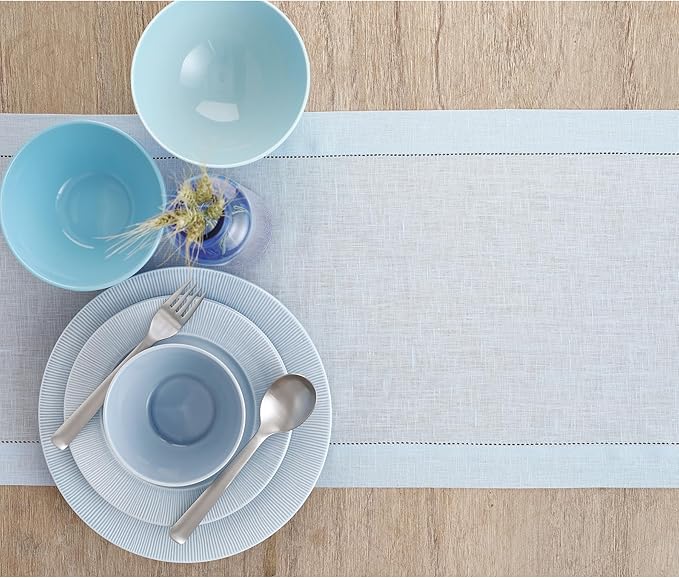 Solino Home Linen Light Blue Table Runner 132 Inches Long - 100% Pure Linen Extra Long Table Runner 14 x 132 Inch for Winter, Christmas, New Year - Classic Hemstitch