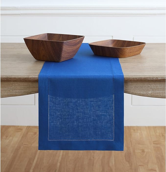 Solino Home Linen Royal Blue Table Runner 120 Inches Long - 100% Pure Linen 14 x 120 Inch Table Runner for Christmas, New Year - Classic Hemstitch