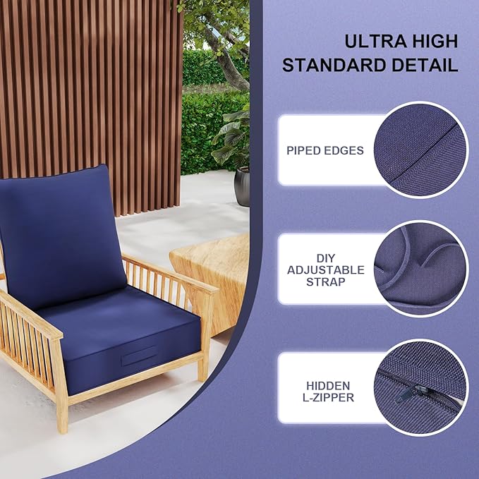 Outdoor Olefin Water-Resistant Deep Seat Cushion Set, 2PCS Weather and Fade Resistant 23''x 26''x 6'' Patio Furniture Seat Cushion, Thickened Sofa Chair Pad for Lawn, Garden, Dark Blue