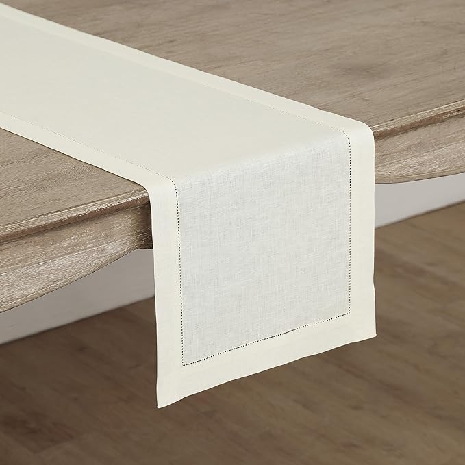 Solino Home Linen Ivory Table Runner 156 Inches Long - 100% Pure Linen Extra Long Table Runner 14 x 156 Inch for Christmas, New Year - Classic Hemstitch