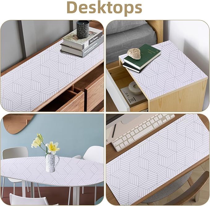 Shelf Liners for Kitchen Cabinets 24in x 30FT, Non Adhesive Cabinet Liner Strong Non-Slip Thickened Silver Geometric Easy to Clean for Shelf, Cabinet, Refrigerator with Knife and Tape Measure