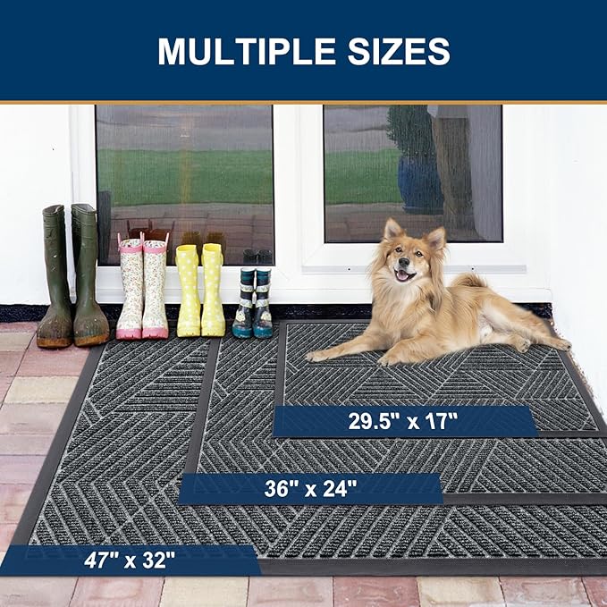 Smiry Front Door Mat Outside Entrance, Heavy Duty Sturdy Natural Rubber Doormat, Trap Dirt and Moisture, Easy Clean Low Profile Mats for Indoor Outdoor Entry, Irregular Triangle (36x24, Grey)