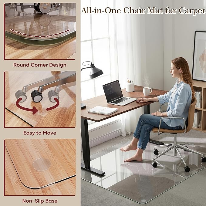 45"x45" Tempered Glass Office Chair Mat for Carpet & Hardwood Floor, 1/5" Thick Clear Floor Protector Desk Chair Mat with Rounded and Polished Edges