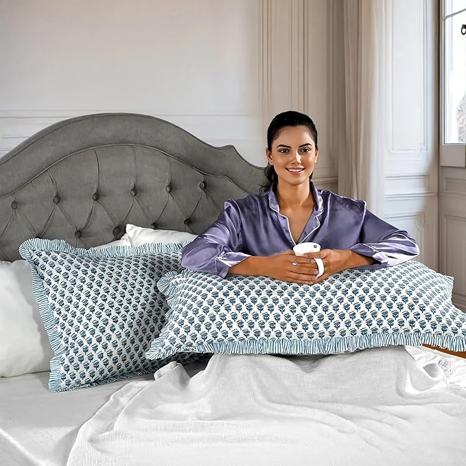 CPC Apatite Blue 100% Cotton Block Print Ruffle Sham Cover 20X36 inch Pack of 2, Handmade Boho Floral Pillowcase, Soft Decorative King Bed Pillow Cover for Bedroom Décor