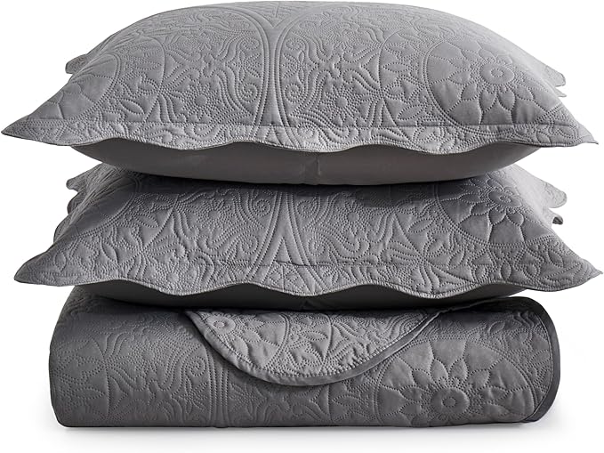 IR Imperial Rooms King Quilt Bedding Set Size (106" x 96") + 2 Pillow Shams (20" x 36"+ 2") - 3 Pcs All Season Lightweight Reversible Microfiber Coverlet Floral Embossed Quilt Bedspread (Grey)