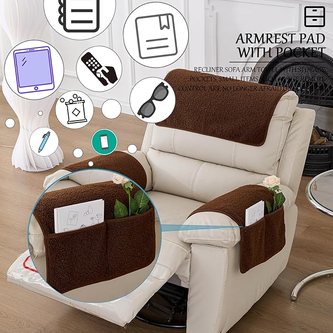 Armrest Cover, Recliner Chair Protector, Furniture Protector Slip, Side Storage Pocket, Stretch Armchair Couch Arm Rest Cover for Recliner, Chair, Sofa (Coffee,2 Seater(4pcs))
