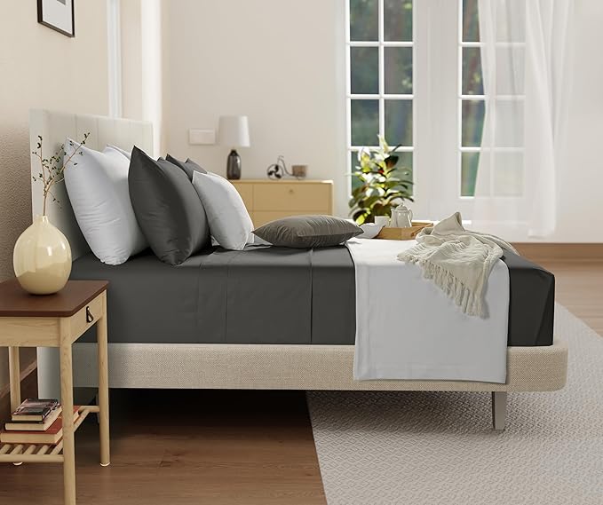 100% Cotton Sheets King Size Sheets Set with Fitted Sheet & Pillowcase Sets, Sateen Weave 4 piece Deep Pocket King Sheet Set, Soft & Comfy Naturally Cool Luxury Bedding- Charcoal