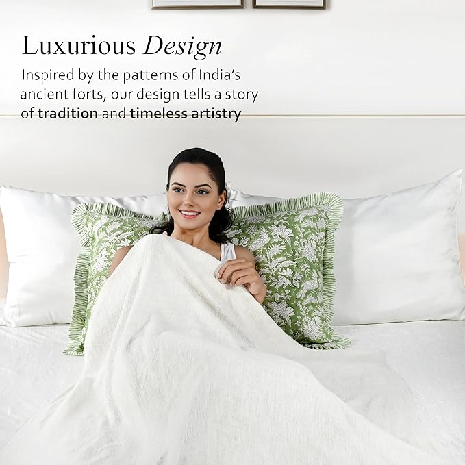 CPC Olive Green 100% Cotton Block Print Ruffle Sham Cover 20X30 inch Pack of 2, Handmade Boho Floral Pillowcase, Soft Decorative Queen Bed Pillow Cover for Bedroom Décor