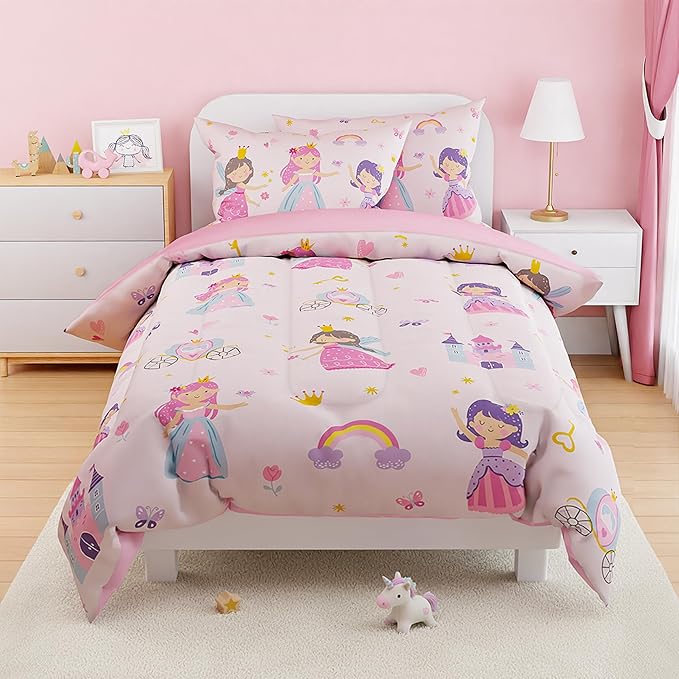 SANDJEST Princess Comforter Set Twin Size 68x86in for Kids Girls, Microfiber 3 Pcs Bedding Set Includes 1 Comforter, 1 Pillowcase, 1 Fitted Sheet, Nursery Room Decor