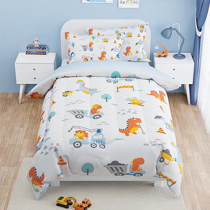 SANDJEST Dinosaur Comforter Set Twin Size 68x86in for Kids Boys, Microfiber 3 Pcs Bedding Set Includes 1 Comforter, 1 Pillowcase, 1 Fitted Sheet, Nursery Room Decor