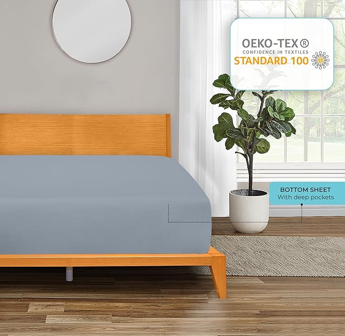 ROYALE LINENS 300 Thread Count 100% Long Staple Combed Cotton Fitted Sheet Queen - Super Soft Deep Pocket Bottom Sheet - Fitted Sheets Only - Elastic Sheets (Queen, Lake Blue)