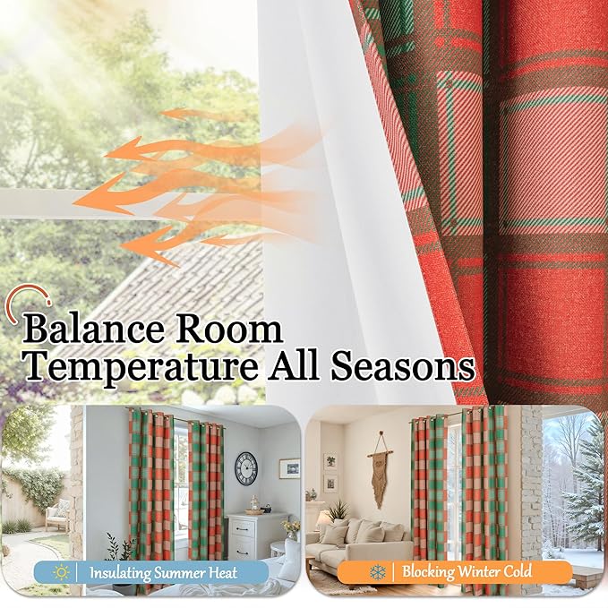 Plaid Christmas Curtains for Living Room 63 Inch Long - Boho Linen Blackout Curtains for Winter, Gingham Printed Drapes Patterned Thermal Drapes for Bedroom 52x63 Inch 2 Panels, Red Green